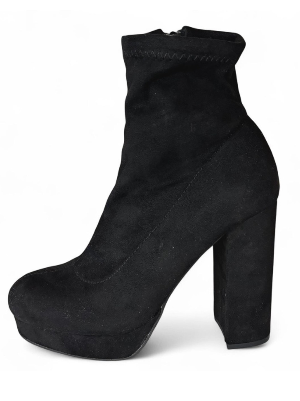 Black Stretch Suede Platform Sock Booties Chunky Block Heel Size 6